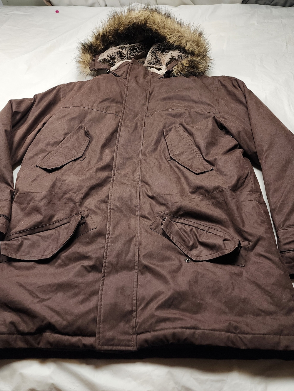 Eddie Bauer Men's Down Parka Brown Faux Fur Trimmed Hood Size Large